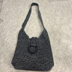 Y2K Woven Black White Handbag Ring Detail Hobo Boho Hippie Festival Purse